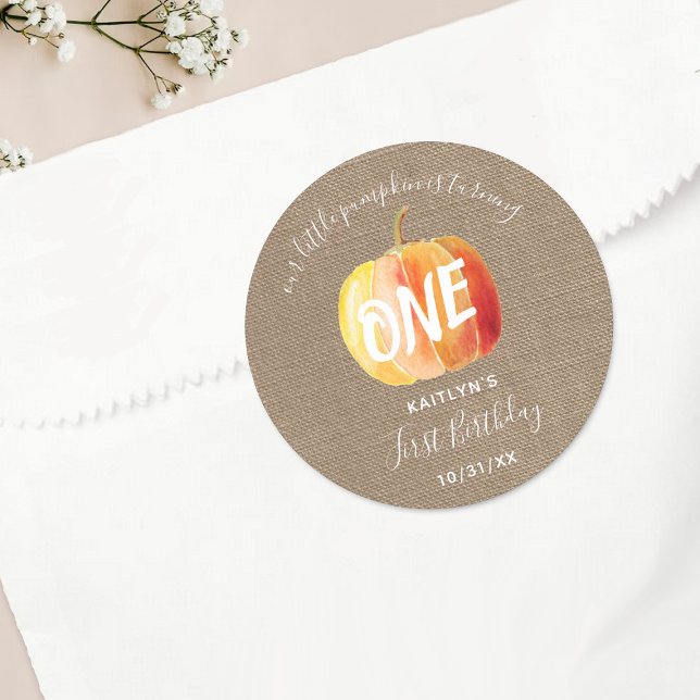 Little Pumpkin Rustic Burlap 1st Birthday Classic Round Sticker (Creator Uploaded)