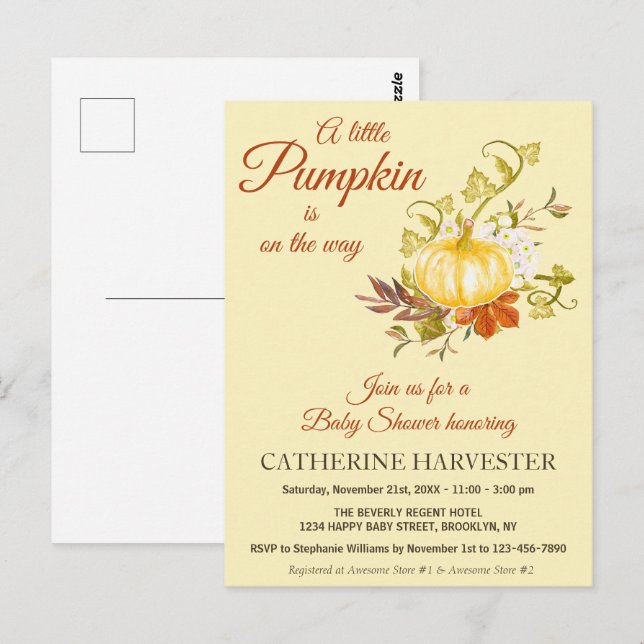Little Pumpkin Rustic Fall Baby Shower Invitation Postcard (Front/Back)