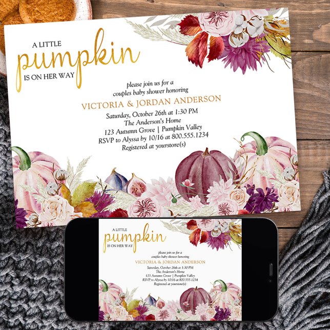 Little Pumpkin Rustic Floral Couples Baby Shower Invitation (Fall baby shower with pink pumpkins and autumn theme from my Little Pumpkin collection)