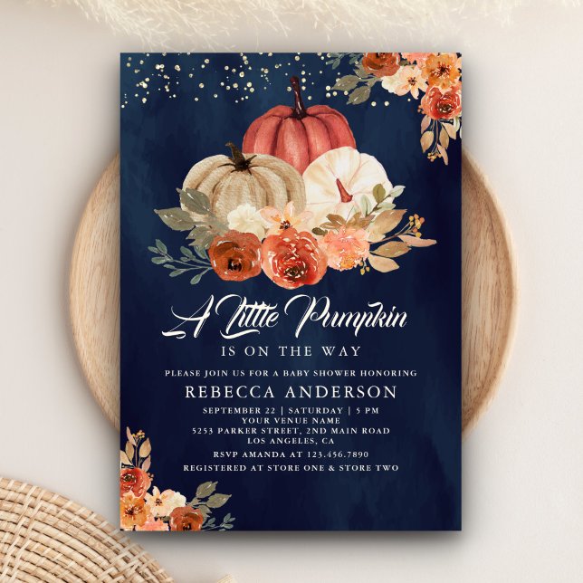 Little Pumpkin Rustic Navy Terracotta Baby Shower Invitation (Creator Uploaded)