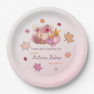 Little Pumpkin Spice & Nice Fall Leaves Pink Baby  Paper Plate