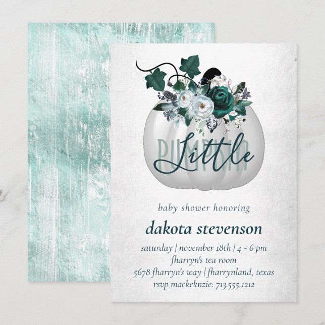 Little Pumpkin | Teal Green Floral Baby Shower Invitation (Front/Back)