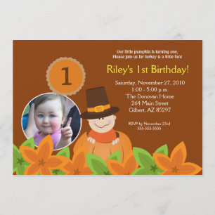 Little Pumpkin Thanksgiving 5x7 Photo Birthday Invitation