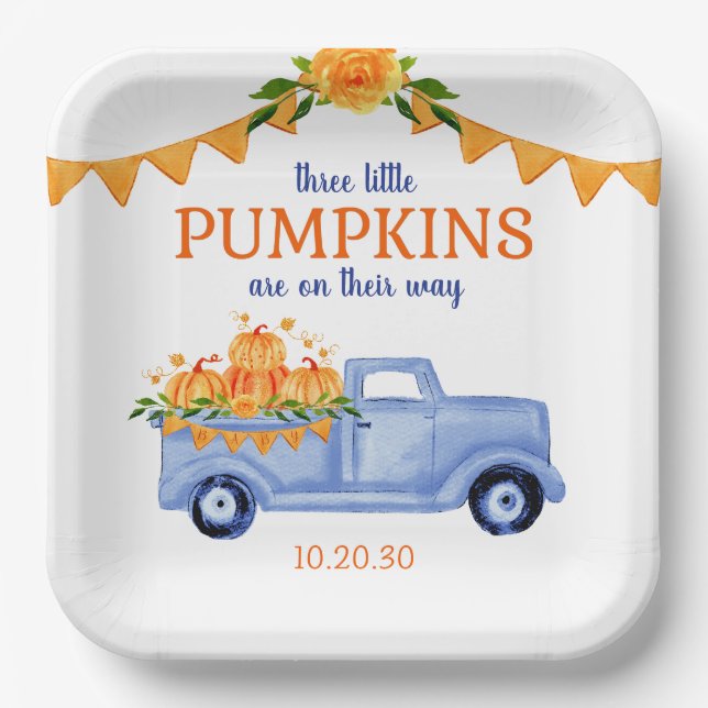 Little Pumpkin Triplet Boy Baby Shower  Paper Plate (Front)