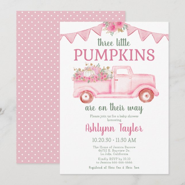 Little Pumpkin Triplet Girl Baby Shower Invitation (Front/Back)