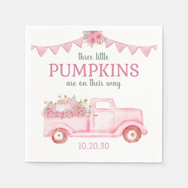 Little Pumpkin Triplet Girl Baby Shower Napkins (Front)