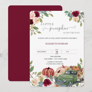 Little Pumpkin Truck Burgundy Flowers Baby Shower Invitation