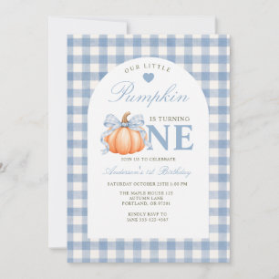 Little Pumpkin Turning One Blue Gingham Birthday  Invitation