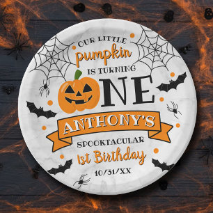 Little Pumpkin Turning One Halloween 1st Birthday Paper Plate