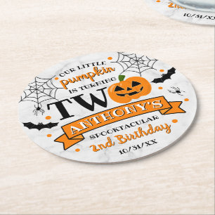 Little Pumpkin Turning Two Halloween 2nd Birthday Round Paper Coaster