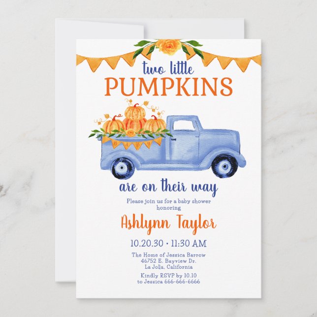 Little Pumpkin Twin Boy Baby Shower All In One Invitation (Front)