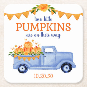 Little Pumpkin Twin Boy Baby Shower Square Paper Coaster