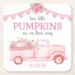Little Pumpkin Twin Girl Baby Shower Square Paper Coaster