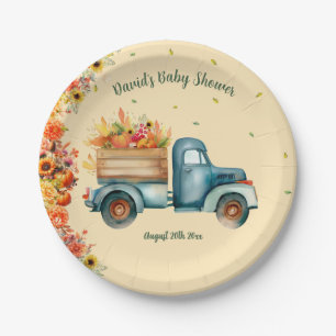 Little Pumpkin Vintage Truck Sunflower Fall Theme Paper Plate