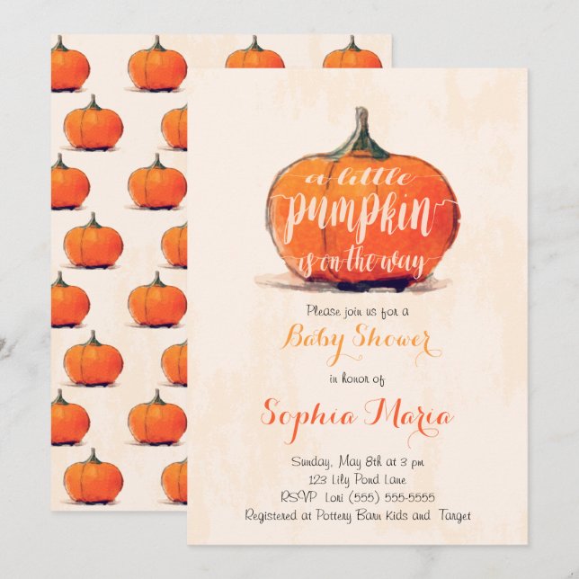 Little Pumpkin Watercolor Baby Shower Invite (Front/Back)