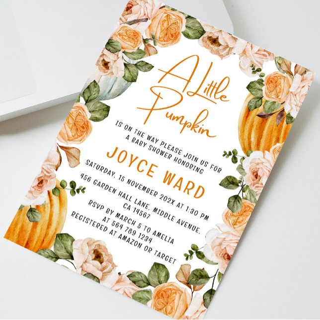 Little Pumpkin Watercolor Floral Fall Baby Shower Invitation (Creator Uploaded)