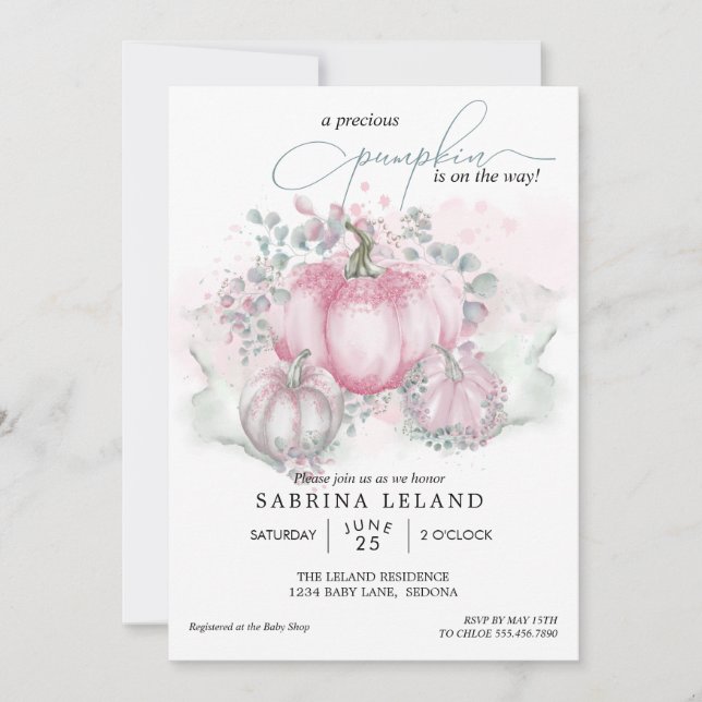 Little Pumpkin Watercolor Pink Girl Baby Shower  Invitation (Front)