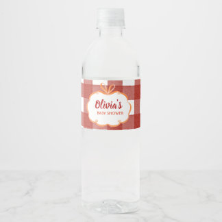 Little Pumpkin Whimsical Plaid Ribbon Baby Shower Water Bottle Label