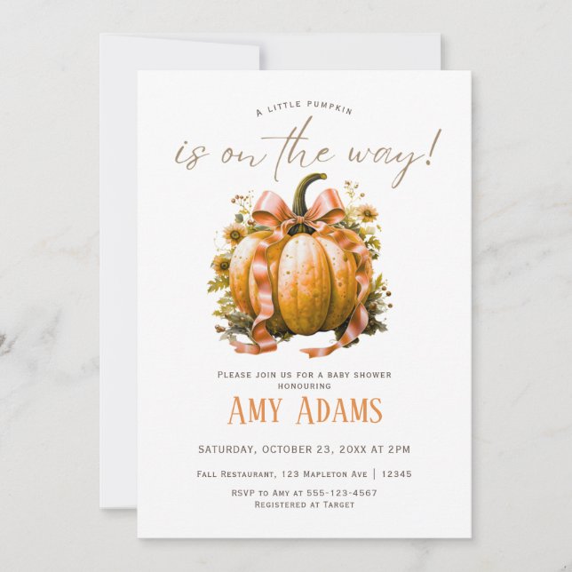 Little Pumpkin with Ribbon Babyshower Invitation  (Front)