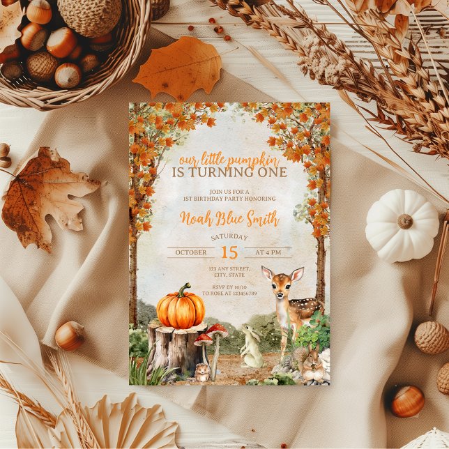 Little Pumpkin Woodland Animals Fall 1st birthday Invitation (Our little pumpkin is turning one 1st birthday invitation fall)