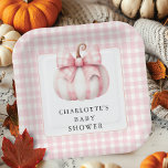 Little Pumpkin's Pink Gingham Paper Plate<br><div class="desc">Celebrate the arrival of a new bundle of joy with our charming pink and white gingham baby shower design featuring an adorable white pumpkin with a classic gingham pattern.  Ideal for a baby girl’s shower,  this design combines elegance and playfulness,  making it a memorable choice for your special occasion.</div>