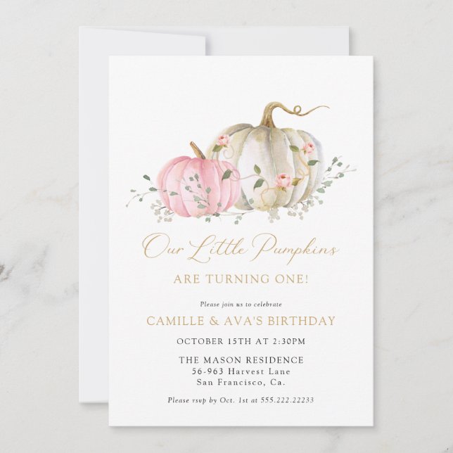 Little Pumpkins Twins Girl 1st Birthday Invitation (Front)