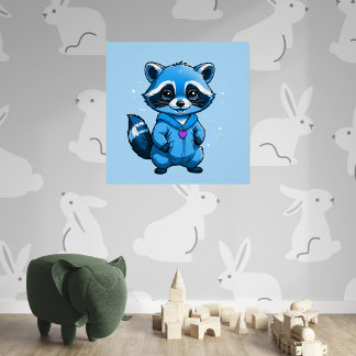 Little Raccoon In Blue Glossy Poster