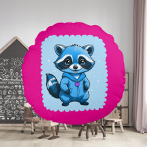 Little Raccoon In Blue Round Pillow