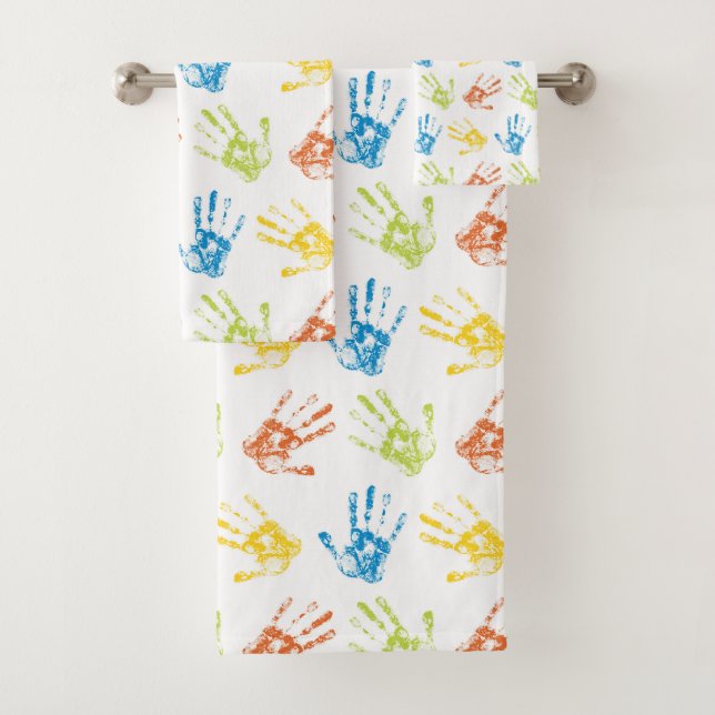 Little Rainbow Hand Prints Bathroom Towel Set (Insitu)