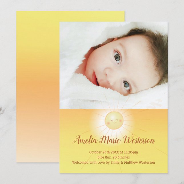 Little Ray of Sunshine Baby Birth Announcement (Front/Back)