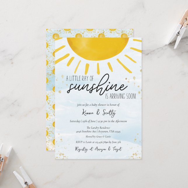 Little Ray of Sunshine Baby Boy Shower Invitation (Front/Back In Situ)