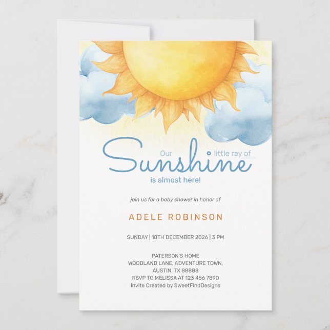 Little Ray of Sunshine Baby Boy Shower Invitation (Front)