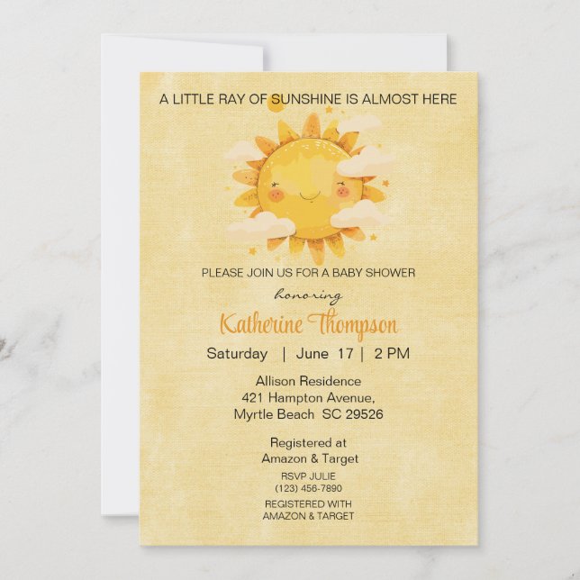 Little Ray of Sunshine  Baby  Shower  Invitation (Front)