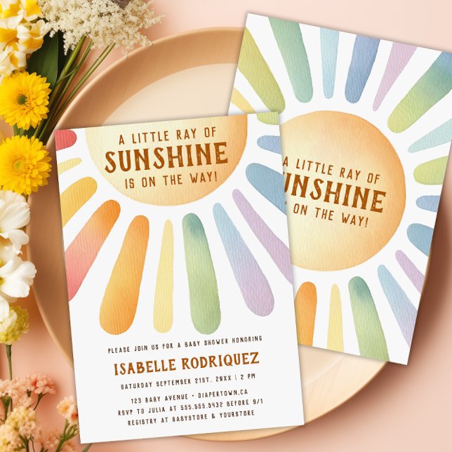 Little Ray Of Sunshine Boho Rainbow Baby Shower Invitation (Little Ray Of Sunshine Boho Rainbow Baby Shower Invitation - Front & Back)