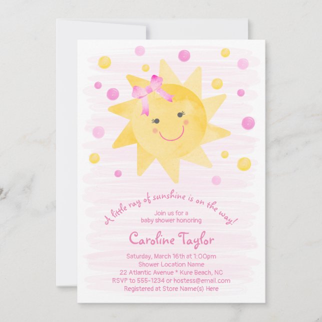 Little Ray of Sunshine Pink Yellow Baby Shower Invitation (Front)