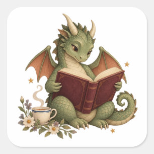 Little Reading Dragon and Tea Square Sticker