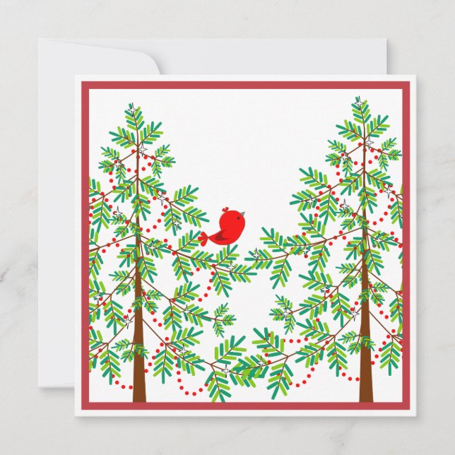 Little Red Bird in a Christmas Tree Party Invitation (Front)