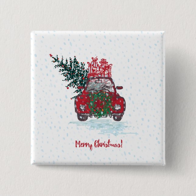 Little Red Christmas Car 2 Inch Square Button (Front)