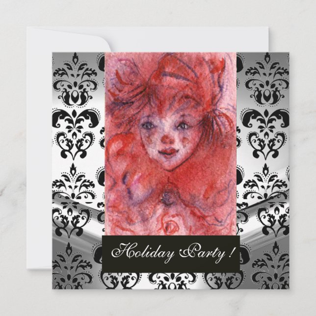 LITTLE RED CLOWN ,Black White Damask Holiday Party Invitation (Front)