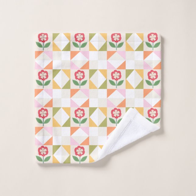 Little red flower quilt block bath towel set (Wash Cloth)