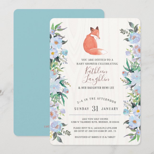 Little Red Fox Blue Floral Baby Shower invitation (Front/Back)