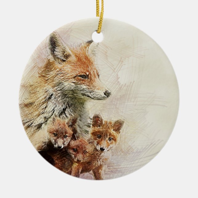 Little Red Fox Family Ceramic Ornament (Front)