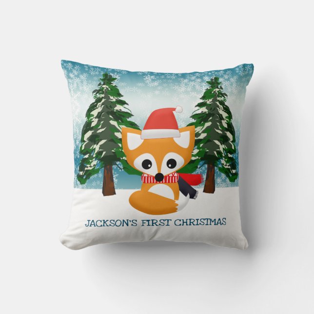 Little Red Fox in Santa Hat    Throw Pillow (Front)