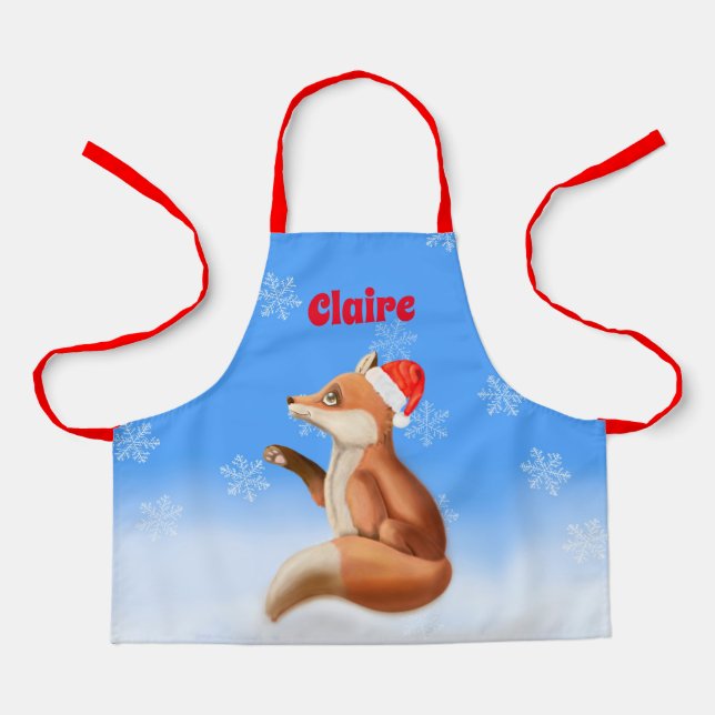 Little Red Fox with Santa hat Customized Christmas Apron (Front)