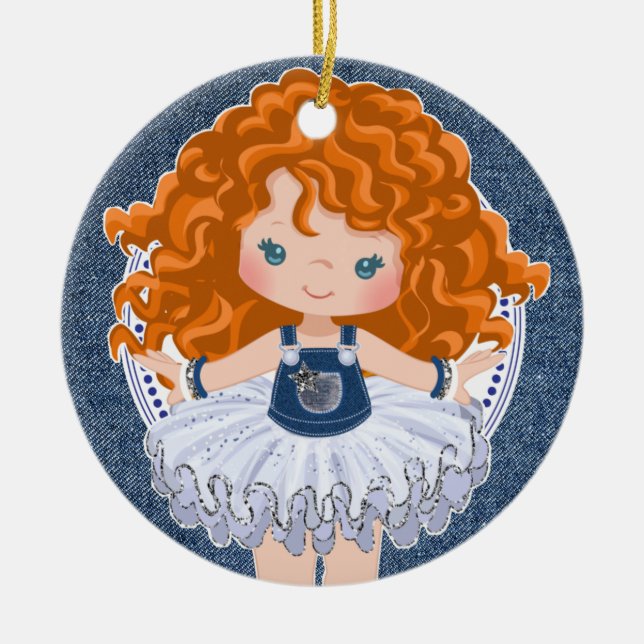 Little Red Haired Girl Denim & Diamonds Christmas Ceramic Ornament (Front)