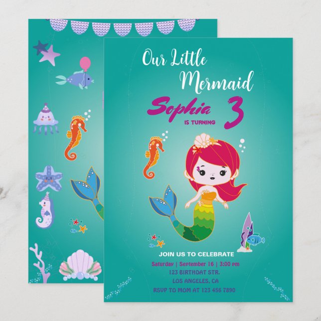 Little Red Head Mermaid Birthday Party Invitation (Front/Back)