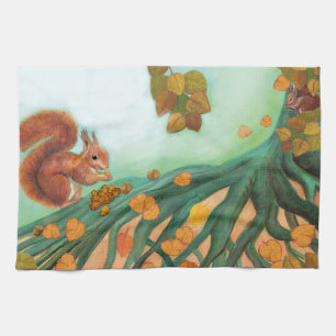 Little Red Squirrel Eats Hazelnuts Illustration Kitchen Towel
