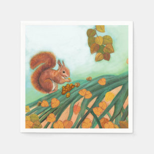 Little Red Squirrel Eats Hazelnuts Illustration Napkin