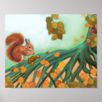 Little Red Squirrel Eats Hazelnuts Illustration