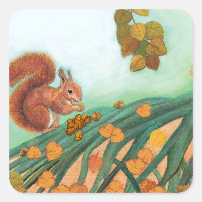 Little Red Squirrel Eats Hazelnuts Illustration Square Sticker (Front)